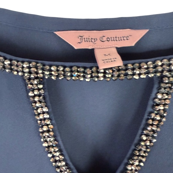 Juicy Couture Navy Blue Beaded Keyhole Bell Sleeve Sharkbite Blouse Medium - Picture 3 of 6
